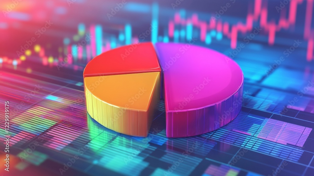 Φωτογραφία A D financial pie chart with vibrant colors, representing different revenue streams, set against a digital background with stock market graphs in the distance
