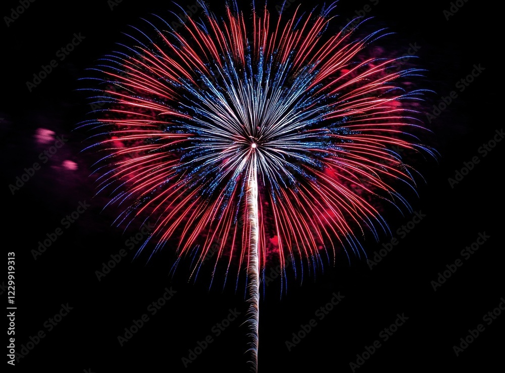 Vibrant Firework Burst Illuminating the Night Sky with Striking Red and Blue Colors for Celebrations, Festivals, and Special Events in Summer Season Vibrant Firework Burst Illuminating the Night Sky with Striking Red and Blue Colors for Celebrations, Festivals, and Special Events in Summer Season
