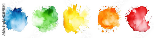 colorful set of watercolor splash stains isolated on white or transparent png