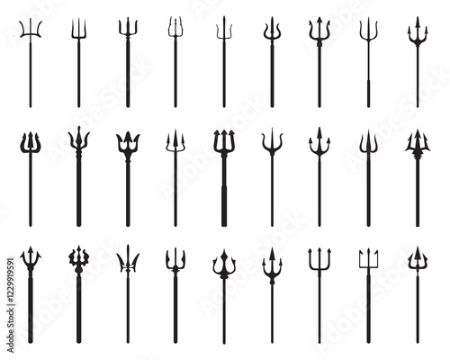 Set of tridents, black silhouettes on a white background	