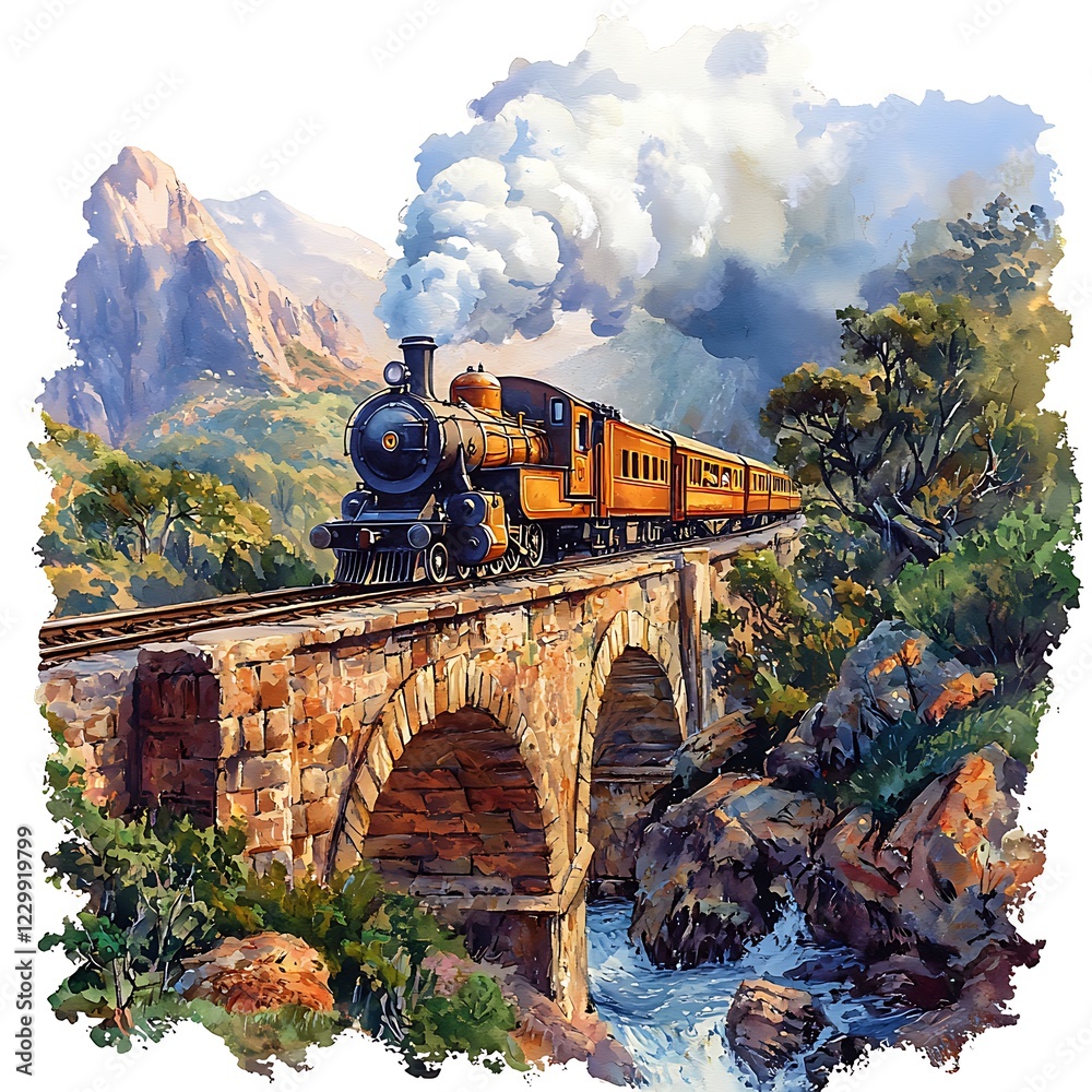 Fototapeta premium Vintage Steam Train Crossing Stone Bridge in Mountain Valley.