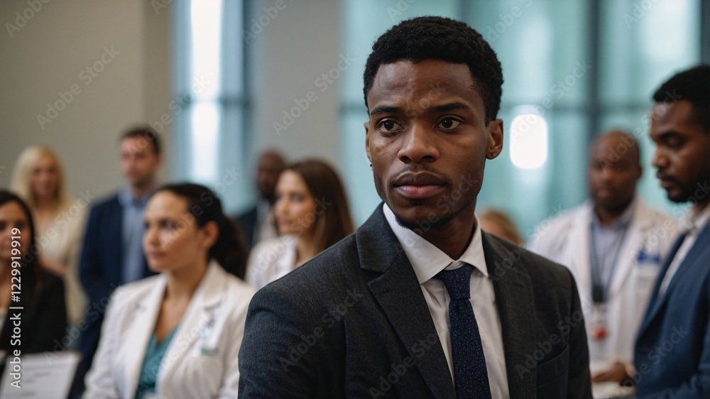 Fototapeta premium Black male doctor stands confidently in a modern healthcare facility surrounded by colleagues engaged in a collaborative discussion about patient care strategies during a busy afternoon