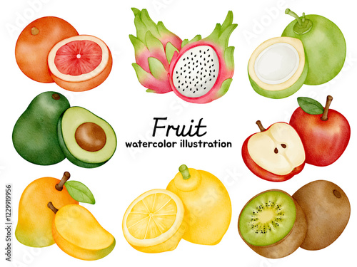 Watercolor Fruits Clipart Collection -  Apple, Orange, Lemon, Kiwi, Mango, Avocado, and Dragon Fruit