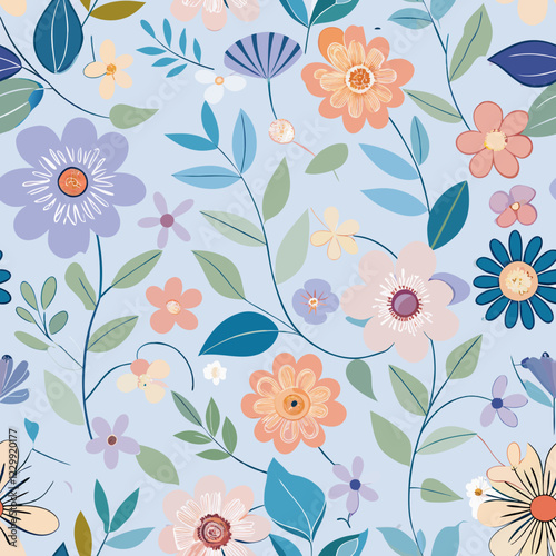 Seamless Hand-Drawn Pastel Flowers and Vines Pattern. Perfect for: Spring, Easter, children's fashion, nursery decor, feminine stationery