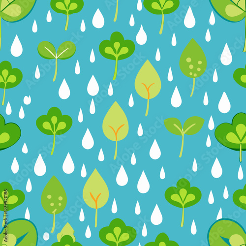 Seamless Fresh Sprouts and Raindrops Pattern – Vibrant Spring Design. Perfect for: Spring, Earth Day, environmental campaigns, natural-themed designs