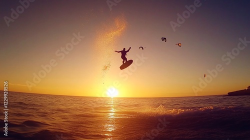 Sunset Kiteboarding: Silhouette of a Rider Soaring Above the Ocean Waves During Golden Hour