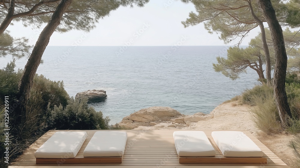 Naklejka premium Experience relaxation at a coastal forest therapy spa with treatments surrounded by nature and the soothing sounds of the ocean