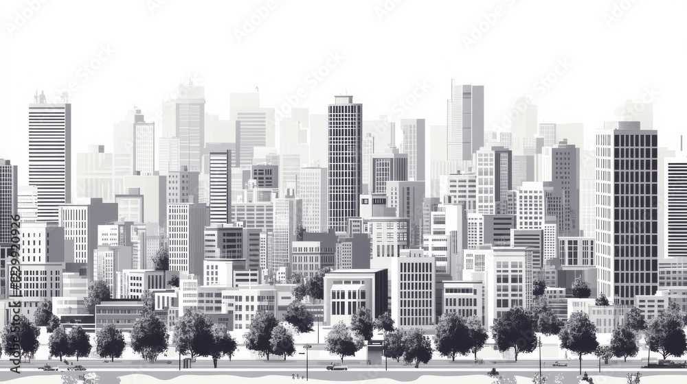 Obraz premium Black and White City Skyline with Modern Buildings and Trees