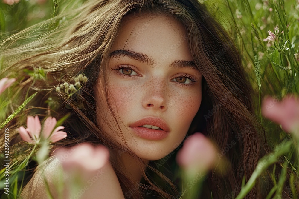 Naklejka premium Beautiful woman with long brown hair posing in the middle of wild flowers