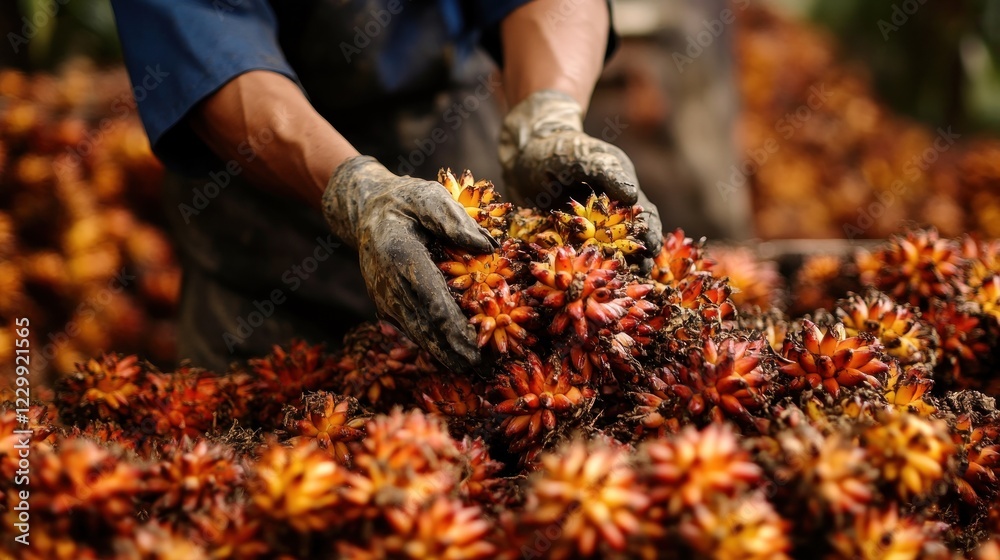 Palm Oil Harvesting: A Worker's Hands Gather Fresh Fruit Clusters Palm Oil Harvesting: A Worker's Hands Gather Fresh Fruit Clusters