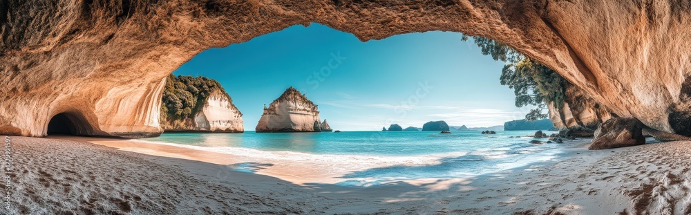 Fototapeta premium A breathtaking view of a serene beach from deep inside a cave