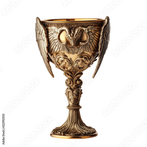 A chalice with an angelic design featuring angel wings curving around the ivory-colored cup, adorned with golden accents and a divine halo motif, resting on an intricately carved pedestal photo