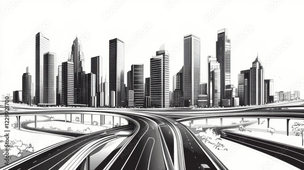 Obraz premium Black and White Urban Skyline with Highways and Skyscrapers