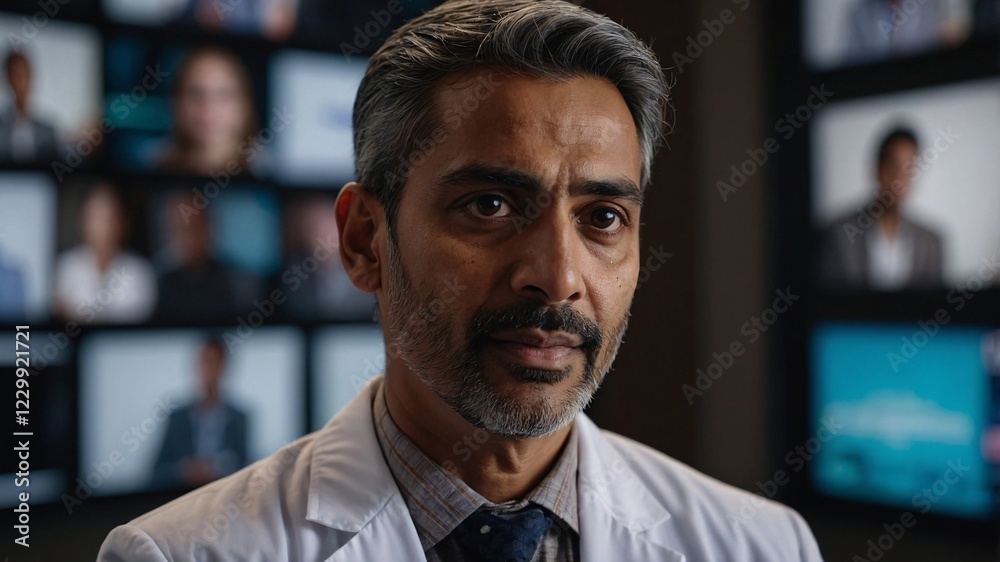 Obraz premium Asian male doctor discusses healthcare innovations in a modern consultation room surrounded by digital screens with patient information in a dynamic health and wellness setting