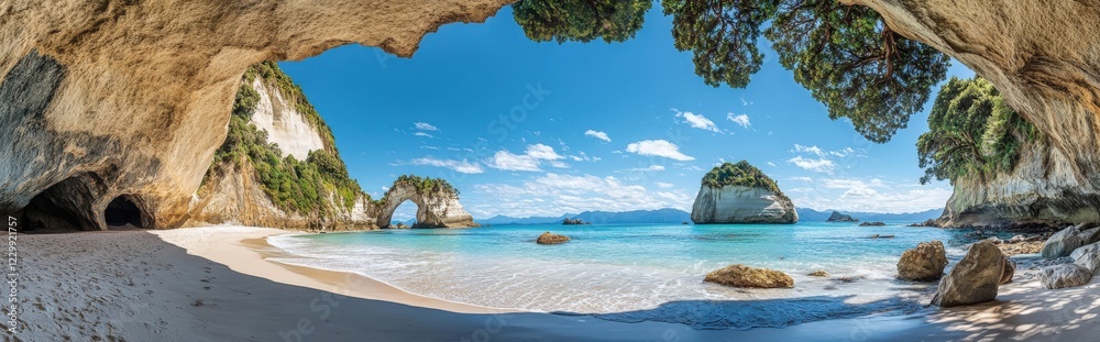 Fototapeta premium A breathtaking view of a serene beach from deep inside a cave