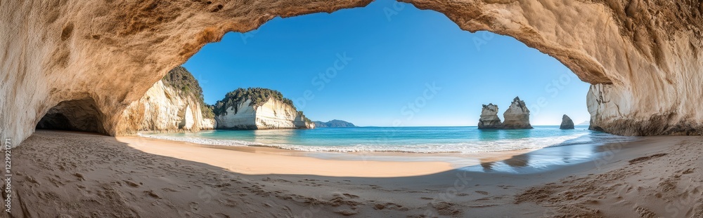 A breathtaking view of a serene beach from deep inside a cave A breathtaking view of a serene beach from deep inside a cave