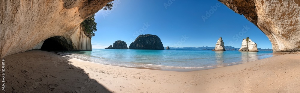 A breathtaking view of a serene beach from deep inside a cave A breathtaking view of a serene beach from deep inside a cave
