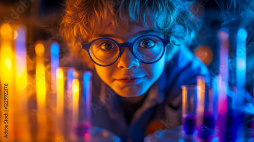 Crazed young boy scientist excitedly holding test tubes with colorful smoke in a laboratory setting photo