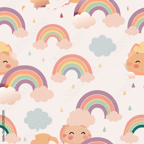 Seamless Pastel Clouds and Spring Rainbows Pattern – Playful and Cute. Perfect for: Spring, Easter, children's designs, playful products