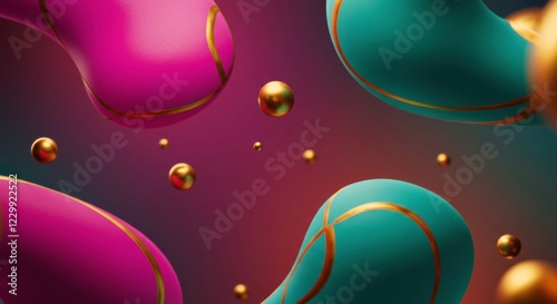 Abstract Liquid Forms: Teal and fuchsia organic shapes float amidst a scattering of golden spheres against a moody, dark background.