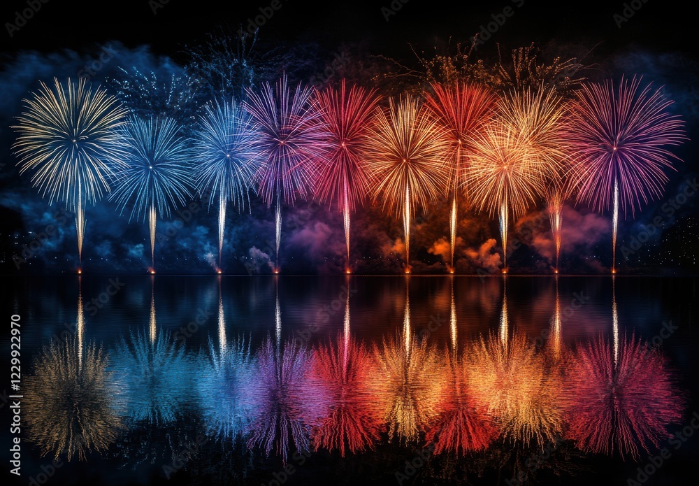 Vibrant Fireworks Display Over Water with Reflections in a Dark Night Sky Celebrating a Special Event or Festival in a Colorful and Mesmerizing Scene Vibrant Fireworks Display Over Water with Reflections in a Dark Night Sky Celebrating a Special Event or Festival in a Colorful and Mesmerizing Scene