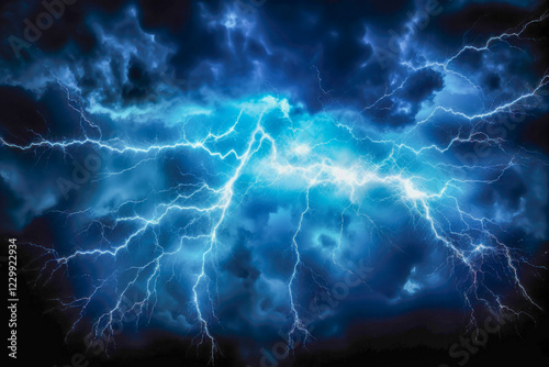Electric lightning background showcases abstract energy in vibrant blue and orange hues, evoking a sense of dynamic movement and cosmic wonder across the expansive canvas