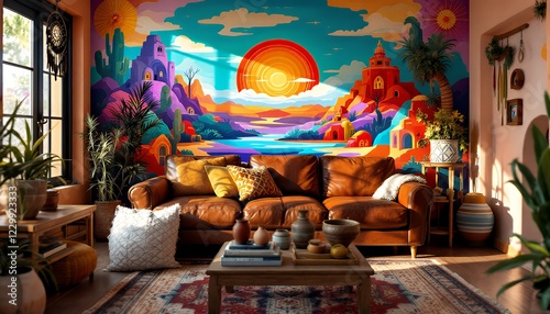 Vibrant Desert Oasis Living Room with Colorful Mural photo