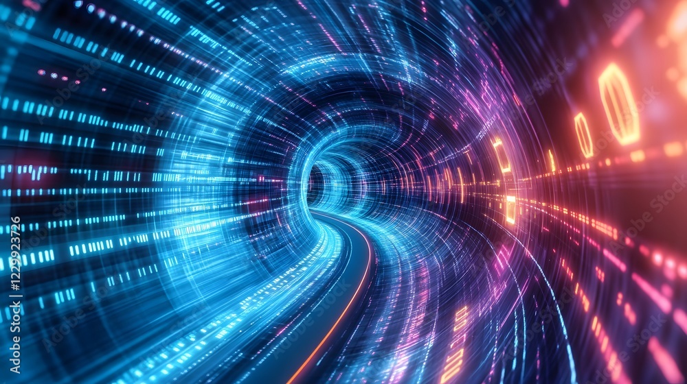 Fototapeta premium Digital Data Stream Tunnel: A mesmerizing journey through a swirling tunnel of vibrant binary code, representing the rapid flow of digital information in the modern technological landscape.