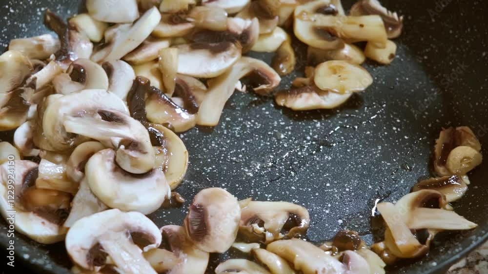 Frying Champignons mushrooms In A Pan. The cook stirs the mushrooms in a pan with a wooden spatula. Slow motion. Selective focus. Frying Champignons mushrooms In A Pan. The cook stirs the mushrooms in a pan with a wooden spatula. Slow motion. Selective focus.