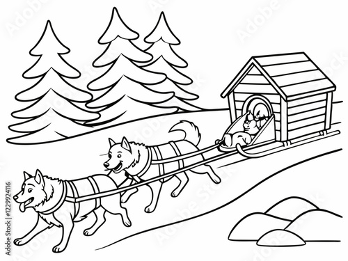 Husky Dogs Pulling Sled Through Snowy Winter Landscape Coloring Page