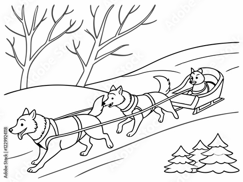 Husky Dogs Pulling Sled Through Snowy Winter Landscape Coloring Page