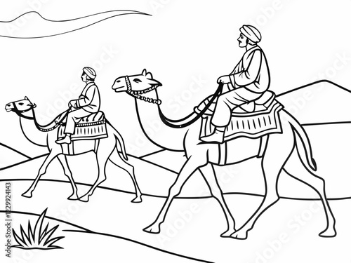Camel Caravan Crossing Desert Landscape Black and White Illustration