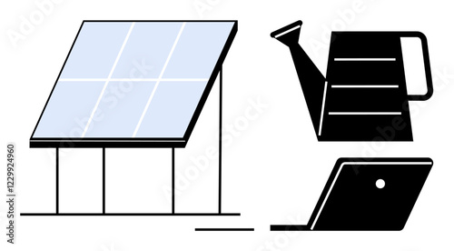 Solar panel converting sunlight into energy adjacent to a watering can and a laptop. Ideal for sustainability, renewable energy, technology, gardening, innovation, eco-friendliness, and modern