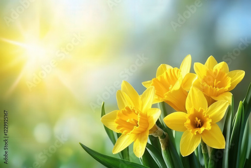 A bunch of yellow flowers with a bright sun shining on them photo