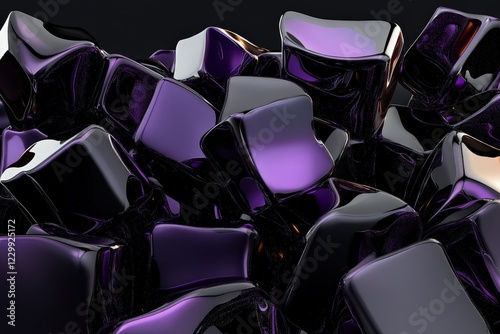 A close-up view of glossy purple ice cubes, showcasing their intricate shapes and reflections against a deep black backdrop, creating a vivid and modern abstract visual intrigue.