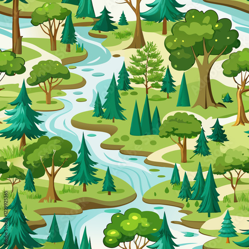 Seamless Spring Forest and Babbling Brook Pattern – Serene and Natural. Perfect for: Spring, nature-inspired designs, peaceful themes