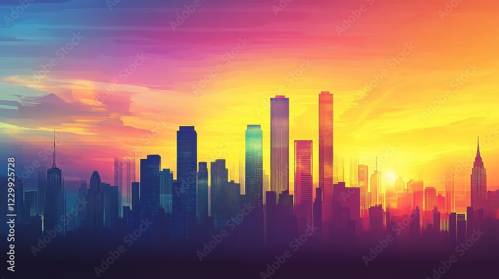 Fototapeta premium A breathtaking sunset view of a skyline silhouette, with skyscrapers standing tall against a colorful sky, evoking a sense of tranquility and reflection.