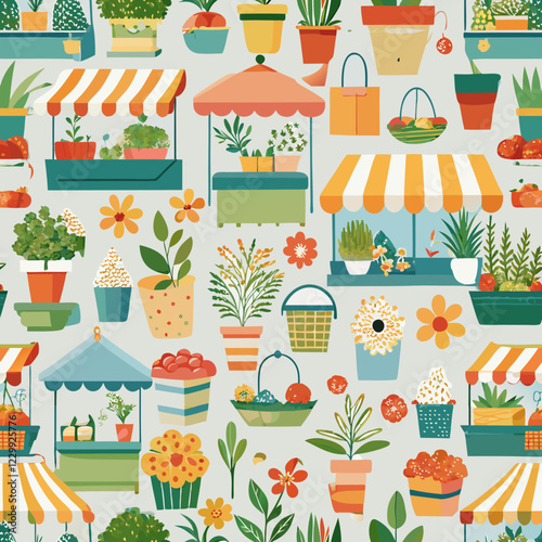 Seamless Spring Market and Fresh Flower Stalls Pattern – Lively and Cheerful. Perfect for: Spring, farmers' markets, creative branding, playful designs