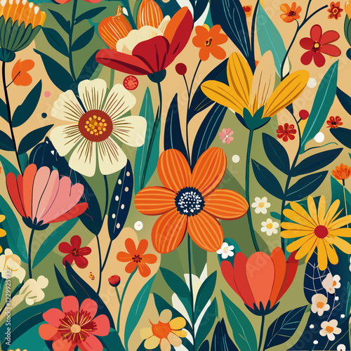 Seamless Hand-Drawn Spring Wildflower Pattern – Warm and Bright. Perfect for: Spring, nature-inspired designs, bohemian style