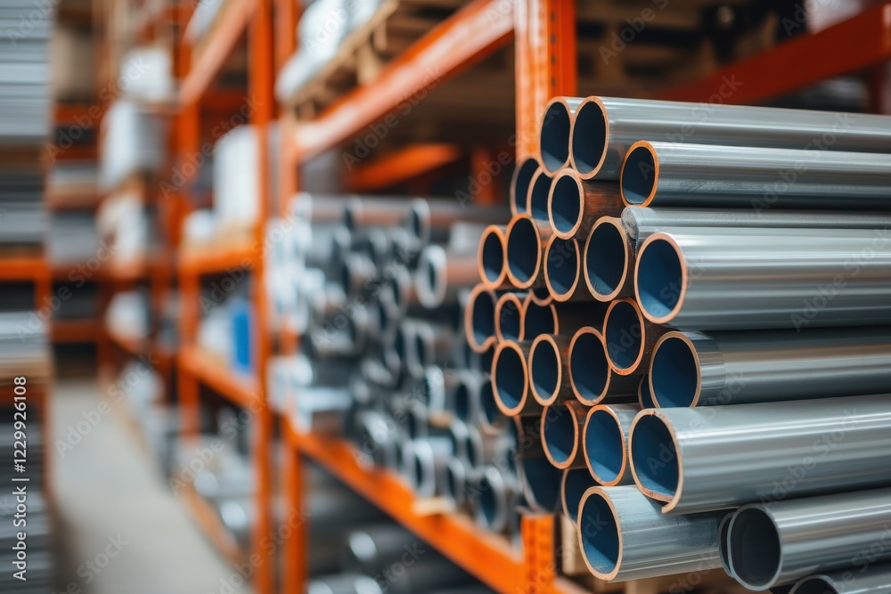 Stacks of metal pipes in a warehouse create an organized industrial setting, highlighting modern manufacturing infrastructure. Stacks of metal pipes in a warehouse create an organized industrial setting, highlighting modern manufacturing infrastructure.
