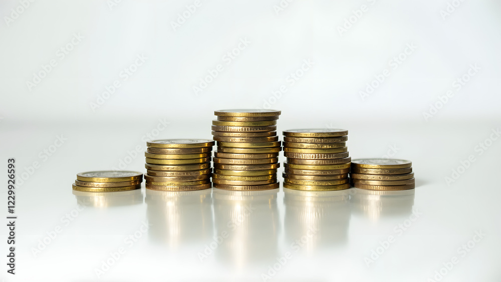 Stacks of shiny coins arranged in ascending order create a visually striking display of wealth and savings on a reflective surface Stacks of shiny coins arranged in ascending order create a visually striking display of wealth and savings on a reflective surface