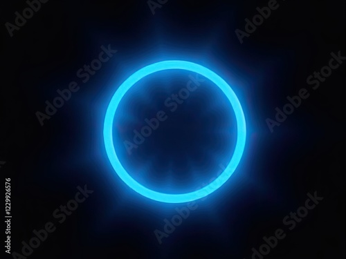 A glowing blue neon ring illuminated against a solid black background generative ai