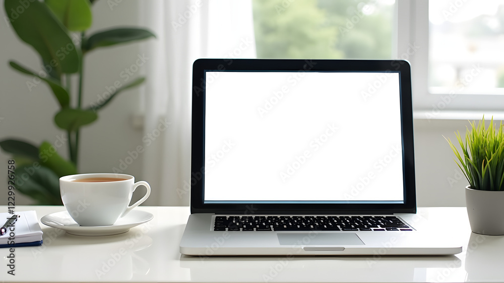 A clean workspace features a laptop with a blank screen, a cup of coffee, and a small plant, creating a calm and productive atmosphere A clean workspace features a laptop with a blank screen, a cup of coffee, and a small plant, creating a calm and productive atmosphere
