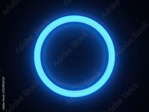 A glowing blue neon ring illuminated against a solid black background generative ai