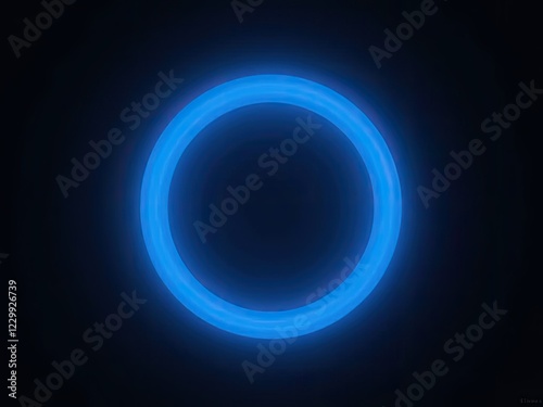 A glowing blue neon ring illuminated against a solid black background generative ai