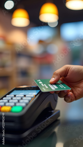 A hand holds a green credit card above a contactless payment terminal in a cozy retail environment with warm lighting