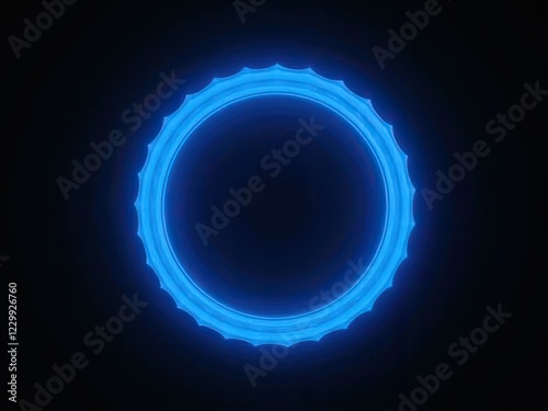 A glowing blue neon ring illuminated against a solid black background generative ai