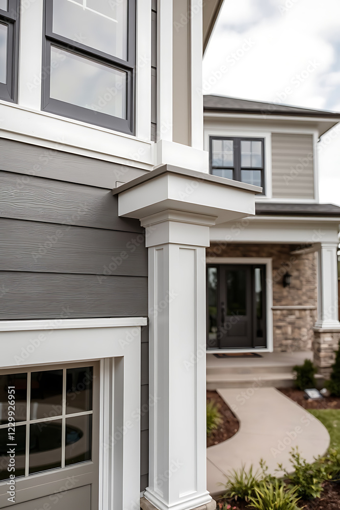 Modern House Exterior: Grey Siding, White Trim, and Stone Accents Modern House Exterior: Grey Siding, White Trim, and Stone Accents