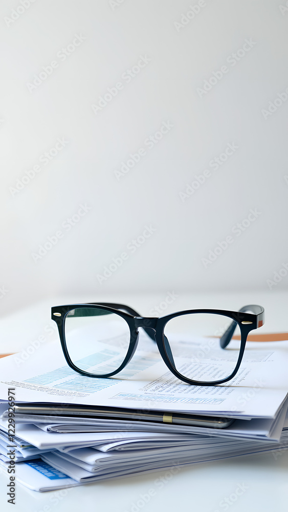 A pair of stylish black glasses rests atop a stack of documents and papers, suggesting a focus on work, organization, and professionalism in a minimalistic setting A pair of stylish black glasses rests atop a stack of documents and papers, suggesting a focus on work, organization, and professionalism in a minimalistic setting