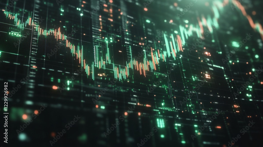 Obraz premium A candlestick chart with green and red bars on a dark digital grid, showcasing financial market trends with clear, sharp lines and labels